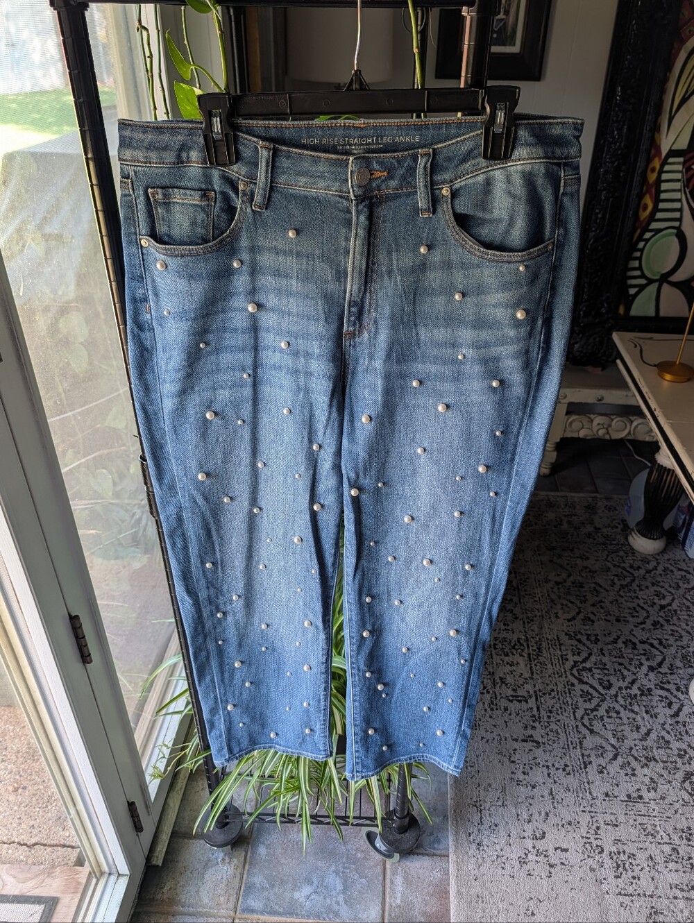 Chico's Pearl-Studded High-Rise Ankle Length Jeans - Light Blue SZ 2.5